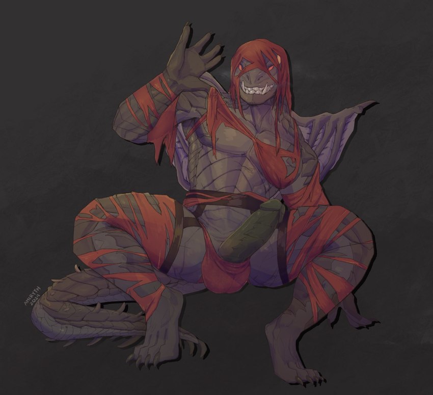 4_toes 5_fingers anthro balls claws clothing crouching erection feet finger_claws fingers genitals glans male penis red_clothing red_eyes scales simple_background solo spread_legs spreading tail teeth toe_claws toes torn_clothing wings amiryth capcom monster_hunter mythology dragon elder_dragon mythological_creature mythological_scalie scalie vaal_hazak 2024 digital_drawing_(artwork) digital_media_(artwork) hi_res