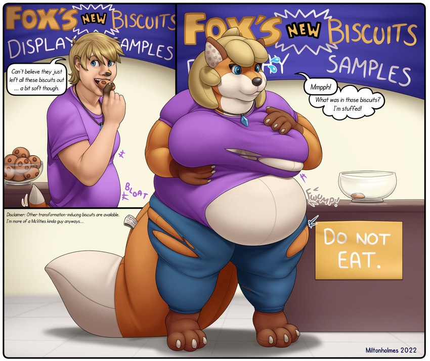 anthro barefoot before_and_after big_breasts blonde_hair border bottomwear breasts clothing cookie dialogue eating_cookie feet female food gender_transformation hair hand_on_breast holding_cookie holding_food holding_object human_to_anthro human_to_inanimate inanimate_transformation jewelry male mtf_transformation navel open_mouth overweight overweight_anthro overweight_female pants pendant plushie plushification purple_clothing purple_shirt purple_topwear seam_(sewing) shirt smile solo species_transformation standing surprise text topwear torn_clothing transformation transformation_through_food warning warning_message weight_gain white_border miltonholmes animate_inanimate canid canine fox human living_plushie mammal 2022 digital_media_(artwork) english_text hi_res