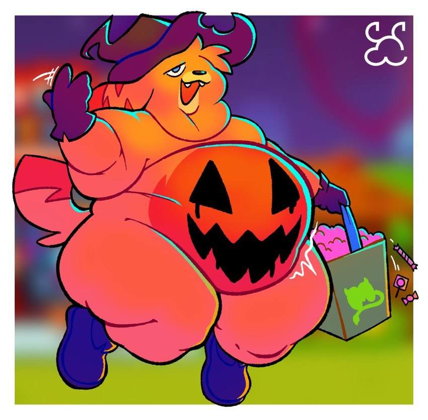 ambiguous_gender anthro bag belly belly_overhang big_belly bodypaint boots candy clothing dessert double_chin fangs food footwear gloves handwear hat headgear headwear holidays jack-o'-lantern obese obese_anthro open_mouth open_smile overweight overweight_anthro painted_belly pumpkin_belly shoes smile solo teeth trick-or-treating witch_costume witch_hat spleeep halloween moshi_monsters katsuma katsuma_(species) mammal monster_(moshi_monsters)