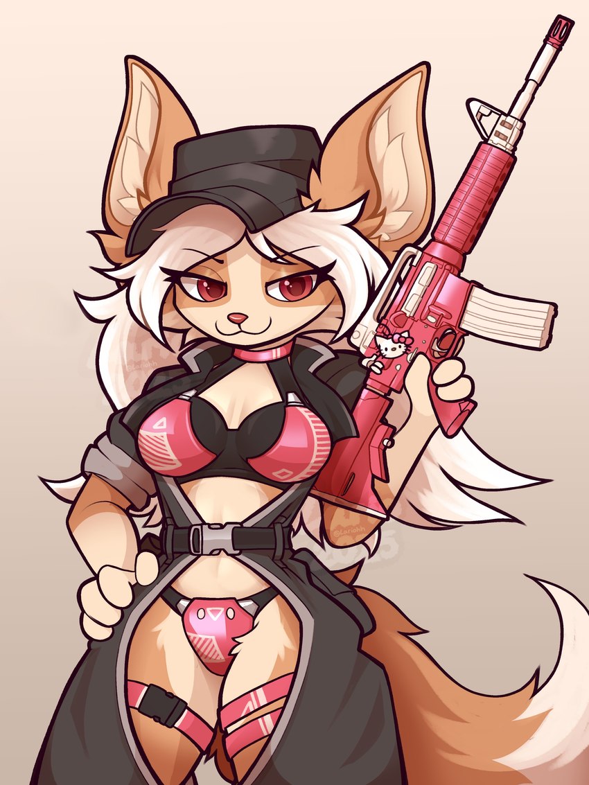 4_fingers :3 anthro armor assault_rifle belt big_ears bikini_armor black_clothing black_hat black_headwear black_outline bottomwear breasts choker cleavage_cutout clothed clothed_anthro clothed_female clothing countershade_torso countershading crotchless_bottomwear crotchless_clothing crotchless_pants cutout eyebrow_through_hair eyebrows eyelashes eyelashes_through_hair female female_anthro fingers fur gloves_(marking) gun hair half-closed_eyes hand_on_hip hat headgear headwear holding_gun holding_object holding_ranged_weapon holding_weapon inner_ear_fluff jacket jewelry long_hair looking_at_viewer m4 markings medium_breasts narrowed_eyes necklace open_clothing open_jacket open_topwear outline panties pants pink_armor pink_choker pink_clothing pink_eyes pink_gun pink_jewelry pink_necklace pink_nose pink_panties pink_underwear pointy_ears prick_ears ranged_weapon rifle rolled_up_sleeves simple_background skimpy slim slim_anthro slim_female small_waist smile smiling_at_viewer solo tactical_gear tan_background tan_body tan_ears tan_fur text thigh_strap topwear translucent translucent_hair trigger_discipline tuft unconvincing_armor underwear weapon white_body white_countershading white_dipstick_tail white_hair white_inner_ear_fluff lariohh hello_kitty_(series) sanrio bagel_(bagelcollie) hello_kitty_(character) border_collie canid canine canis collie domestic_dog herding_dog mammal pastoral_dog sheepdog 2025 3:4 absurd_res artist_name dated digital_media_(artwork) english_description hi_res signature watermark
