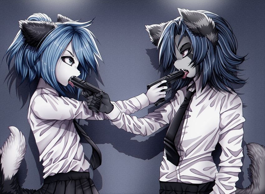 abstract_background angry anthro black_body black_bottomwear black_clothing black_fur black_nose black_skirt blue_eyes blue_hair bodily_fluids bottomwear clothing duo eye_contact eyebrows eyelashes femboy fluffy fluffy_tail fur gradient_body gradient_fur gradient_tail grey_body grey_fur gun gun_in_mouth hair handgun inner_ear_fluff licking_gun looking_at_another male male/male necktie purple_eyes ranged_weapon saliva shirt side_view simple_background skirt tail teeth tongue tongue_out topwear tuft weapon white_body white_clothing white_fur white_shirt white_topwear tweenstrip moisha_(tweenstrip) canid canine canis fox mammal raccoon_dog red_fox tanuki true_fox hi_res