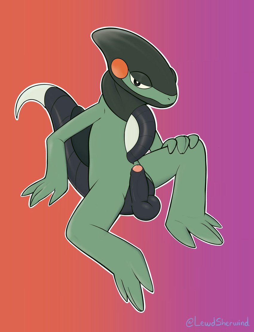 anthro balls erection foreskin genitals green_body green_skin male penis solo spread_legs spreading sherwind52 nintendo pokemon cyclizar generation_9_pokemon lizard pokemon_(species) reptile scalie absurd_res hi_res