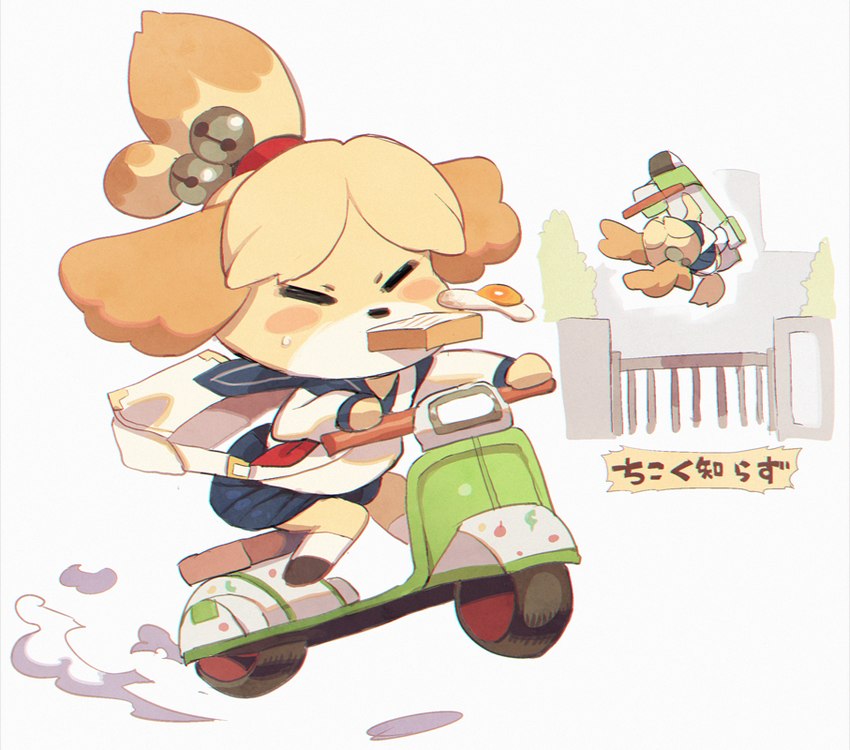 alternate_costume anthro bag bell bread chromatic_aberration clothed clothing egg eyes_closed female food fur kemono motor_scooter motor_vehicle multicolored_body multicolored_fur school_uniform simple_background text toast toast_in_mouth two_tone_body two_tone_fur uniform white_background rikose animal_crossing mario_bros mario_kart nintendo isabelle_(animal_crossing) canid canine canis domestic_dog mammal shih_tzu toy_dog 2015 japanese_text multiple_images