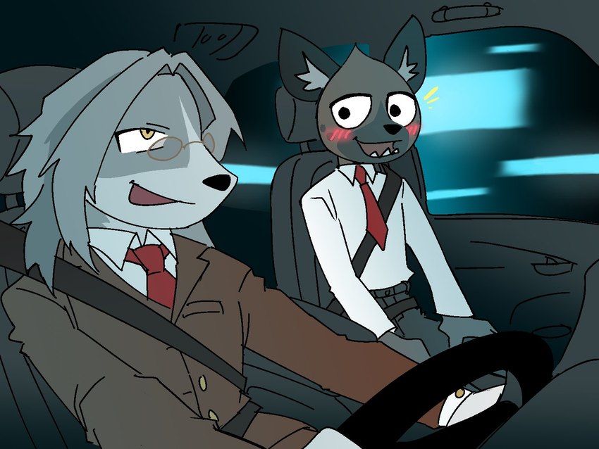 anthro blush bottomwear clothing collared_shirt driving duo eyewear fur glasses grey_body grey_fur grey_hair hair long_hair male necktie open_mouth pants red_necktie suit teeth yellow_sclera pb-art aggretsuko sanrio director_himuro haida_(aggretsuko) canid canine canis domestic_dog hunting_dog hyena mammal saluki sighthound spotted_hyena 4:3 hi_res