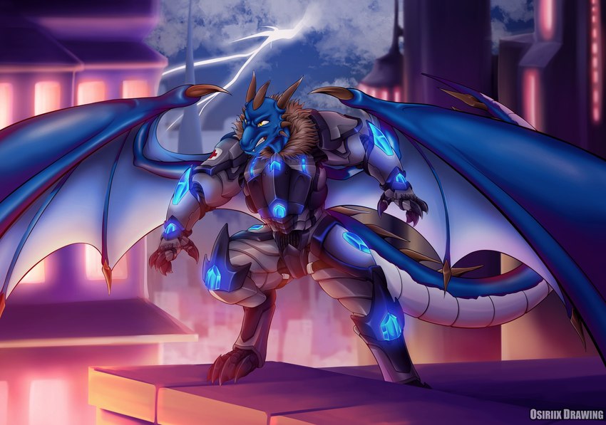 anthro armor blue_light city city_lights claws clenched_teeth cloud detailed_background electricity fangs glowing glowing_armor hind_legs lightning male medic membrane_(anatomy) membranous_wings night red_cross scales snarling solo tail teeth wings yellow_eyes osiriix mythology dragon mythological_creature mythological_scalie scalie absurd_res hi_res