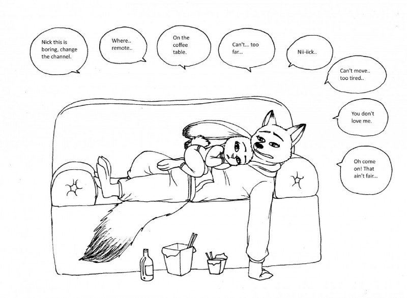 anthro beverage chinese_food chopsticks clothed clothing dialogue duo female food fur furniture male simple_background sofa text white_background bernielover disney zootopia judy_hopps nick_wilde canid canine fox lagomorph leporid mammal rabbit red_fox true_fox 2016 comic english_text monochrome