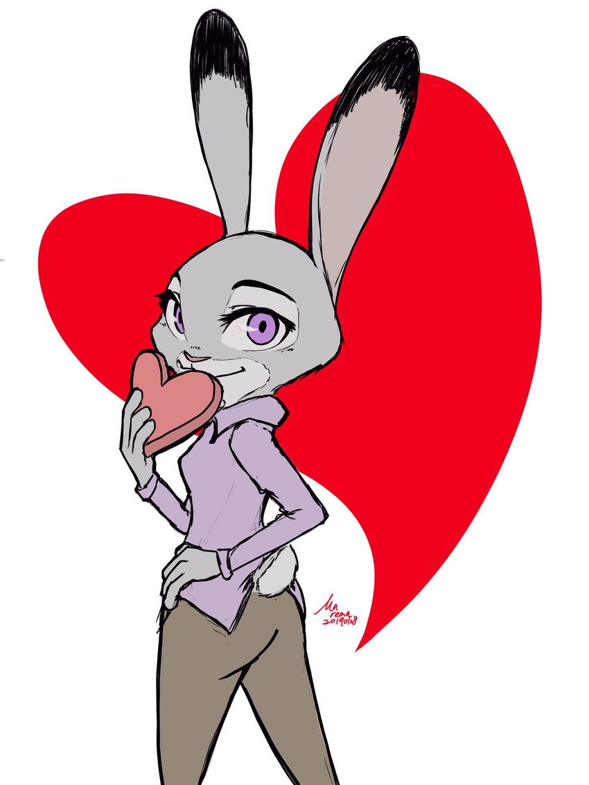 anthro biped bottomwear clothed clothing dipstick_ears ear_markings female fully_clothed fur grey_body grey_fur heart_symbol holding_object looking_at_viewer looking_back multicolored_ears pants purple_eyes scut_tail shirt short_tail simple_background smile solo standing tail topwear white_background year marema_kishin disney zootopia judy_hopps lagomorph leporid mammal rabbit 2019 3:4 dated digital_drawing_(artwork) digital_media_(artwork) hi_res signature