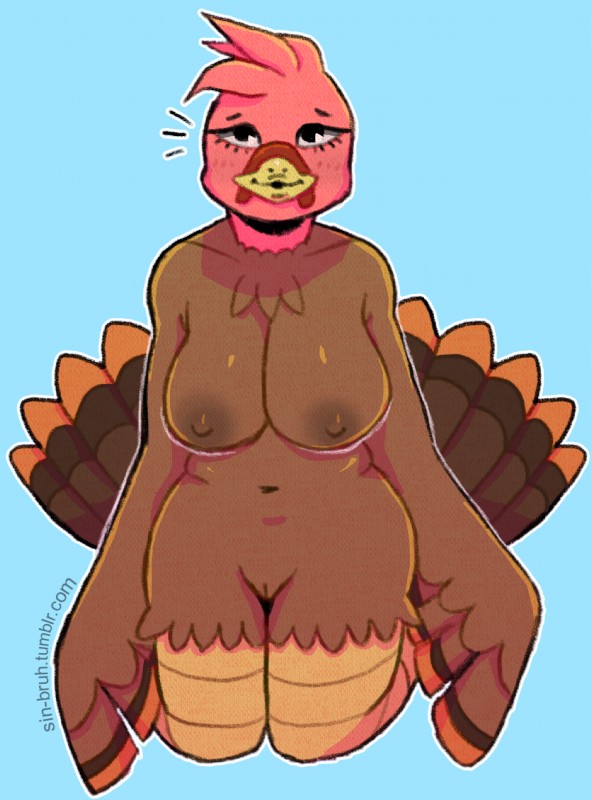 anthro areola beak big_breasts biped bra breasts clothing feathered_wings feathers female genitals kneeling looking_up nipples non-mammal_breasts pussy slightly_chubby solo thick_thighs underwear wide_hips wings sin_bruh avian bird galliform phasianid turkey digital_media_(artwork) hi_res watermark