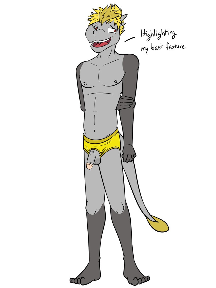 anthro anthrofied ball_stubble balls briefs briefs_only circumcised clothed clothing crotchless_clothing crotchless_underwear dialogue flaccid genitals humanoid_genitalia humanoid_penis male navel nipples penis pokemorph solo text topless underwear underwear_only fuze nintendo pokemon jake_(fuze) generation_7_pokemon hakamo-o pokemon_(species) 3:4 english_text full-length_portrait hi_res portrait