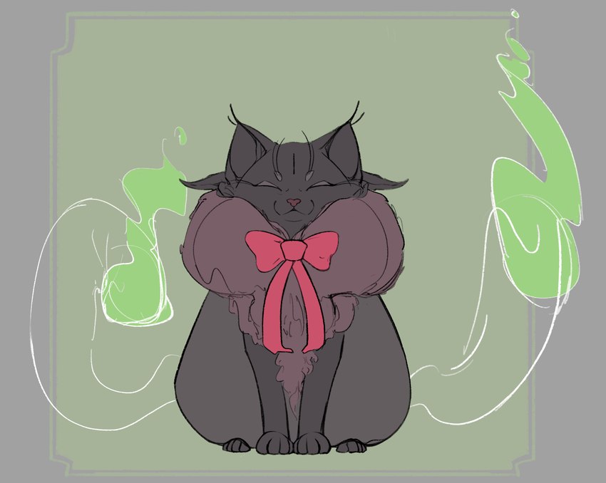 bow_accessory bow_ribbon bow_tie colored_fire ethereal_tail eyes_closed feral fire fur green_fire grey_body grey_fur male multi_ear multi_eye multi_tail paws simple_background solo tail pough dragon_hilt sebastian_(dragon_hilt) domestic_cat felid feline felis mammal hi_res