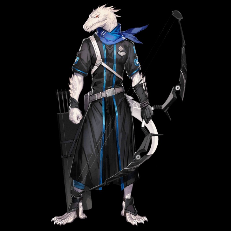 anthro belt bow_(weapon) clothed clothing gloves handwear holding_object holding_weapon male ranged_weapon red_eyes scales scarf simple_background solo teeth transparent_background weapon white_body white_scales arknights hypergryph studio_montagne rangers_(arknights) scalie 1:1 alpha_channel official_art