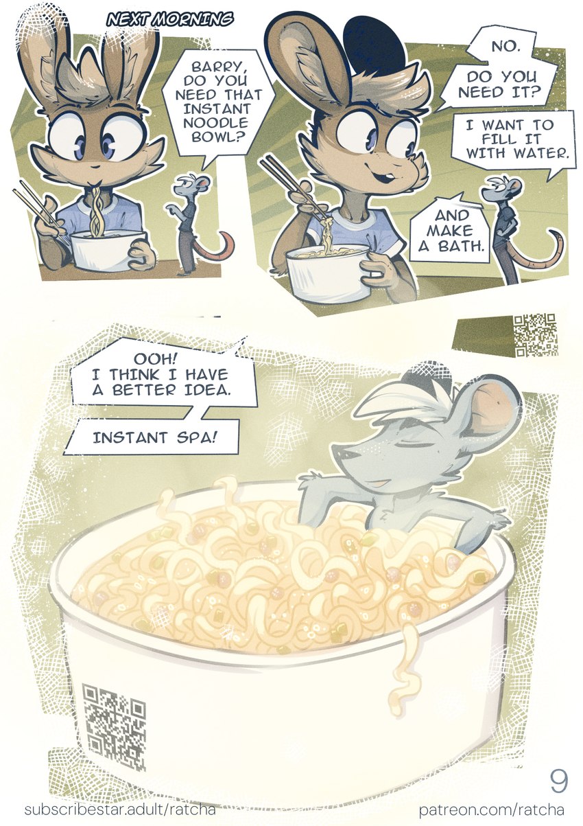 anthro bathing bowl chopsticks clothed clothing college container dialogue duo eating eating_food food hair instant_noodles male noodles ramen school simple_background size_difference tail text ratcha barry_jones_(ratcha) robin_(ratcha) lagomorph leporid mammal murid murine rabbit rat rodent comic digital_media_(artwork) english_text hi_res url