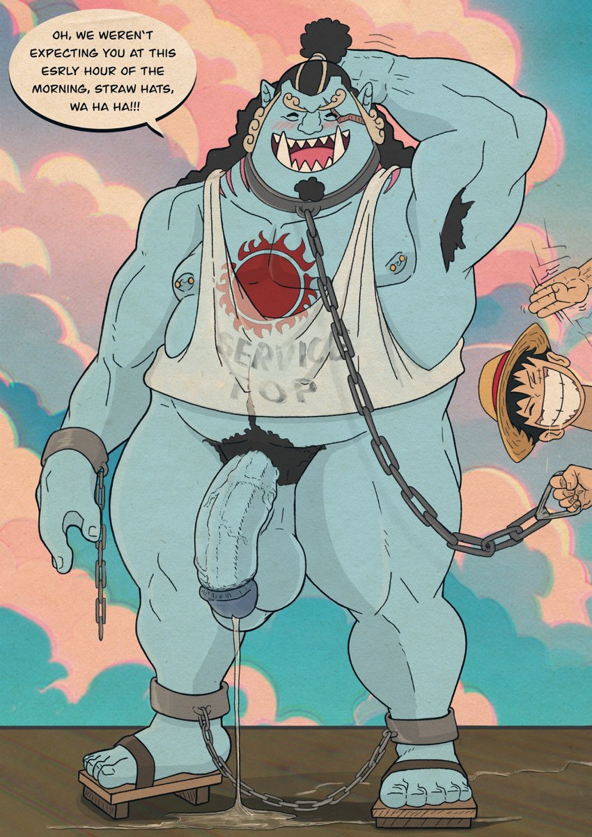 armpit_hair balls belly blue_body body_hair chain duo eye_scar facial_scar genitals male male/male nipple_piercing nipples overweight penis piercing pubes scar text vein veiny_penis rev_(artist) one_piece jinbe monkey_d._luffy fish-men_(one_piece) human humanoid mammal marine english_text hi_res