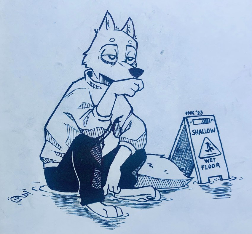 anthro barefoot clothed clothing feet fully_clothed fur male sitting solo water wet_floor wet_floor_sign theblueberrycarrots inktober borko_(barkwoofawoo) canid canine canis mammal wolf 2023 absurd_res hi_res signature traditional_media_(artwork)