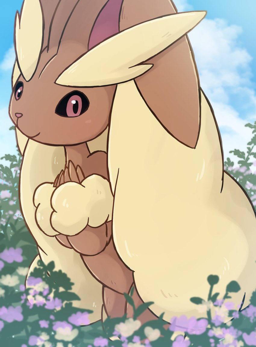 ambiguous_gender anthro big_ears biped black_sclera brown_body fur looking_at_viewer plant red_eyes shrub smile solo tan_body tan_fur rumine nintendo pokemon generation_4_pokemon lopunny pokemon_(species) hi_res