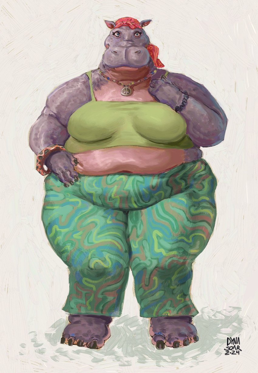 alternative_fashion anthro barefoot belly big_breasts big_feet blue_eyes bottomwear bracelet breasts clothed clothing digit_ring eyelashes facing_forward feet female green_bottomwear green_clothing green_pants green_topwear grey_body hand_on_chest headgear headscarf headwear hippie jewelry legwear nails navel necklace overweight overweight_female pants pattern_clothing pattern_headgear pattern_headwear pattern_legwear peace_symbol pink_body pink_clothing pink_headwear ring shirt simple_background solo spandex_pants standing tank_top toe_ring toes topwear white_background wide_hips yoga_pants dyna_soar heather_(phoenixfreedom) common_hippopotamus hippopotamid mammal 2024 digital_media_(artwork) digital_painting_(artwork) full-length_portrait hi_res model_sheet portrait signature