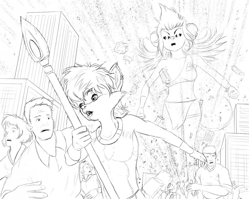 anthro destruction ear_piercing ear_ring female group larger_anthro larger_female macro male melee_weapon piercing polearm ring_piercing running scared size_difference smaller_human smaller_male spear weapon xtreme7 chip_'n_dale_rescue_rangers disney gadget_hackwrench mordred human mammal 2019 5:4 monochrome