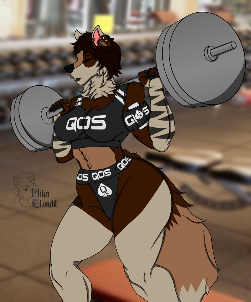 anthro armband arms_above_head athletic bangs barbell big_breasts black_bra black_clothing black_sports_bra black_underwear blurred_background body_fur bottomwear bra breasts brown_body brown_fur brown_hair claws cleavage clothed clothes_writing clothing dark_body dark_skin ear_piercing ear_ring exercise eyes_closed female from_side fur gym hair hair_over_eyes inside jewelry medium_breasts midriff mouth_closed multicolored_body multicolored_fur multicolored_hair multiple_ear_ring muscular muscular_female navel organs photo_background piercing profile queen_of_spades_symbol raceplay ring_piercing short_hair shorts snout solo spade_tattoo spades_(suit) sports_bra sportswear standing stripes suit_symbol tail thick_thighs two_tone_body two_tone_fur underwear weightlifting white_body white_fur wide_hips workout mikathefluffywolf mika_elendil_(mikathefluffywolf) canid canine canis equid equine hybrid mammal wolf zebra artist_name hi_res photography_(artwork) watermark