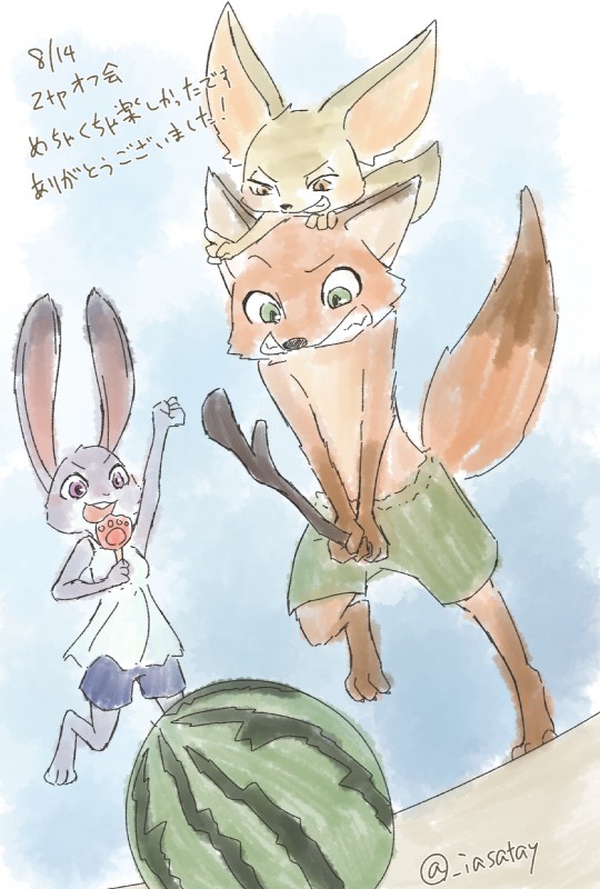 anthro barefoot bottomwear brown_eyes brown_tail_tip buckteeth clothed clothing dipstick_tail feet female food fruit fur gloves_(marking) green_eyes grey_body grey_fur grin group holding_food holding_object male markings melon multicolored_tail orange_body orange_fur outside pawpsicle plant popsicle purple_eyes shorts sky smile stick tail tail_markings tan_body tan_fur teeth text topless watermelon aomaroo disney zootopia finnick_(zootopia) judy_hopps nick_wilde canid canine fennec_fox fox lagomorph leporid mammal rabbit red_fox true_fox hi_res japanese_text