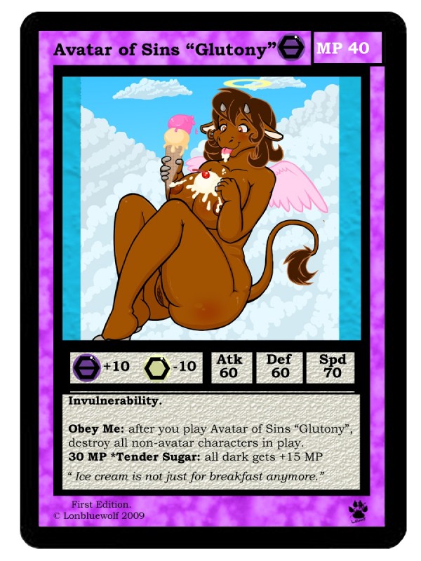 anthro arms_bent bent_legs big_breasts biped blush body_blush border breast_blush breasts brown_body brown_eyes brown_fur brown_hair butt butt_blush card card_template casual_nudity cherry cloud copyright_symbol day dessert feathered_wings feathers female food fruit fur genitals gluttony hair halo hand_on_breast hand_on_own_breast holding_breast holding_food holding_object hooves horn ice_cream knees_pulled_up legs_together looking_at_self lying medium_hair nipples nude on_cloud oops outside plant planted_legs pussy raised_hand sitting sky skyscape slightly_chubby small_wings smile solo symbol tail tail_tuft text tongue tongue_out trading_card trading_card_template tucked_arms tuft white_border wide_hipped_female wide_hips wings lonbluewolf seven_deadly_sins bovid bovine cattle mammal 2009 3:4 digital_media_(artwork) english_text hi_res watermark