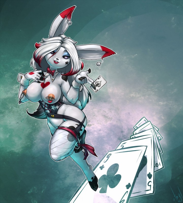 ace_of_spades anthro arms_bent bent_leg black_body black_fur black_hair breasts card clothed clothing club_tattoo clubs_(suit) d6 diamond_tattoo diamonds_(suit) dice ear_piercing female fishnet_clothing five_of_spades fur game_piece hair heart_symbol heart_tattoo hearts_(suit) holding_card holding_object holding_single_card looking_at_viewer multicolored_hair nine_of_clubs nipple_piercing nipples number on_one_leg piercing playing_card raised_foot red_hair skimpy solo spade_tattoo spades_(suit) standing straight_leg suit_symbol tattoo white_body white_fur white_hair atryl gemini_constele lagomorph leporid mammal rabbit digital_media_(artwork) hi_res