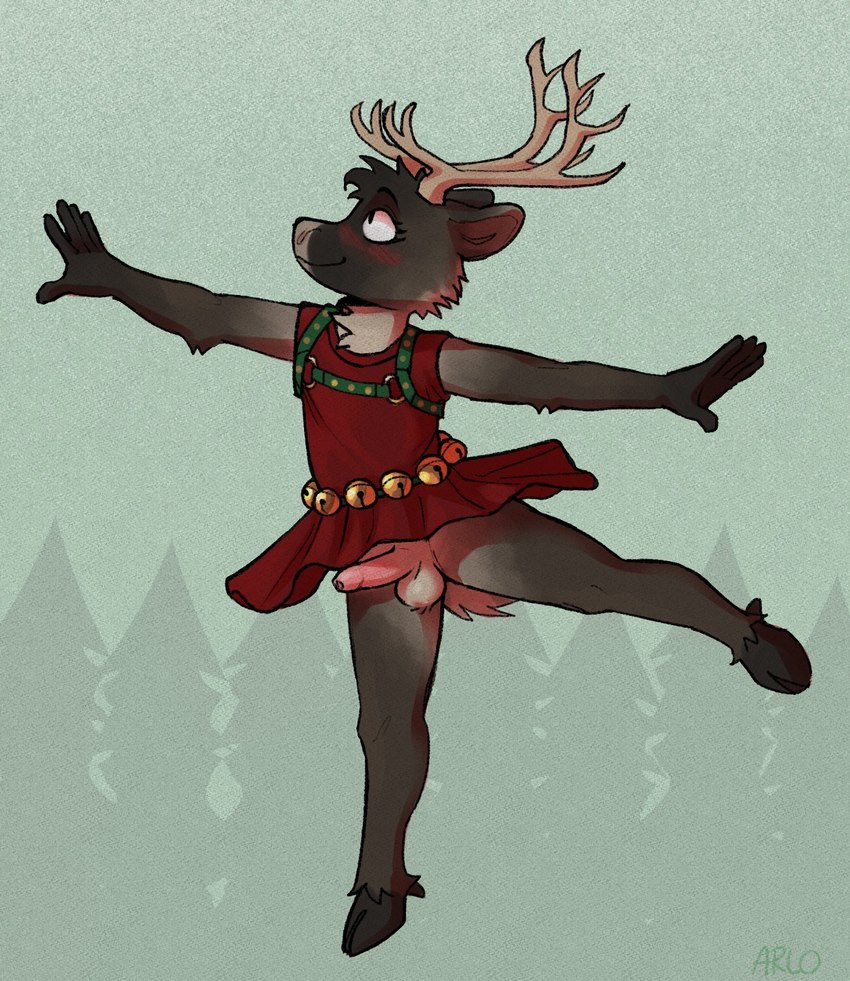 anthro antlers balls blush bottomless bottomless_anthro bottomless_male brown_body brown_fur clothed clothing cloven_hooves crossdressing dancing dress erection foreskin fur genitals harness hooves horn humanoid_genitalia humanoid_penis male neck_tuft no_underwear penis red_clothing red_dress solo tuft arloatdusk mangohyena prancer deer mammal new_world_deer reindeer hi_res