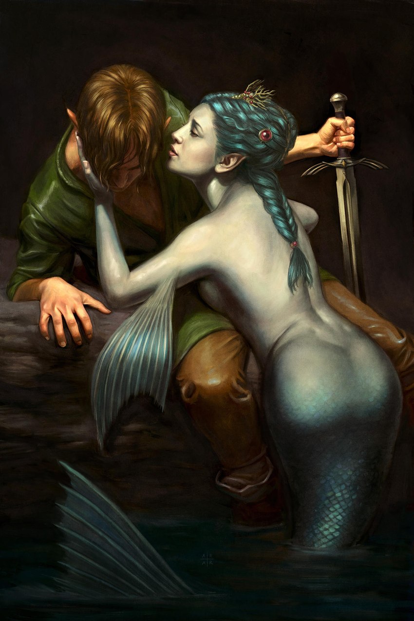 comforting duo female kissing_cheek male male/female melee_weapon scales split_form sword weapon astoralexander nintendo ocarina_of_time the_legend_of_zelda link princess_ruto humanoid hylian marine merfolk siren zora 2:3 hi_res