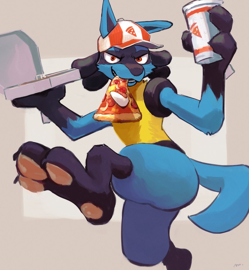 3_fingers 3_toes anthro beverage clothing container detailed_food feet fingers food hat hat_only headgear headgear_only headwear headwear_only hindpaw holding_beverage holding_object looking_at_viewer male mostly_nude nude pawpads paws pizza pizza_box pizza_slice simple_background solo toes awwchang nintendo pokemon generation_4_pokemon lucario pokemon_(species) 2023 absurd_res detailed hi_res unavailable_at_source