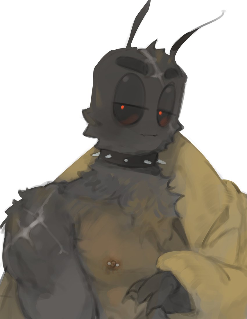 antennae_(anatomy) anthro black_sclera chest_tuft clothing collar eyebrows facial_scar glistening_eyelids jacket lidded_eyes male neck_tuft nipple_piercing nipples pecs piercing red_eyes scar shirtless solo spiked_collar spikes topwear tuft kogito death's-head_hawkmoth_(kogito) arthropod death's-head_hawkmoth hawk_moth insect lepidopteran moth absurd_res hi_res