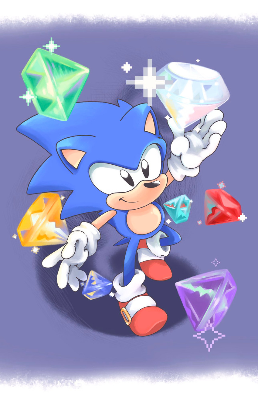 anthro black_eyes blue_body blue_fur chaos_emerald clothing footwear fur gem gloves handwear male purple_background shoes simple_background smile solo sparkles standing mennnntaiko classic_sonic_(universe) sega sonic_the_hedgehog_(series) classic_sonic sonic_the_hedgehog eulipotyphlan hedgehog mammal 2020 digital_drawing_(artwork) digital_media_(artwork) hi_res