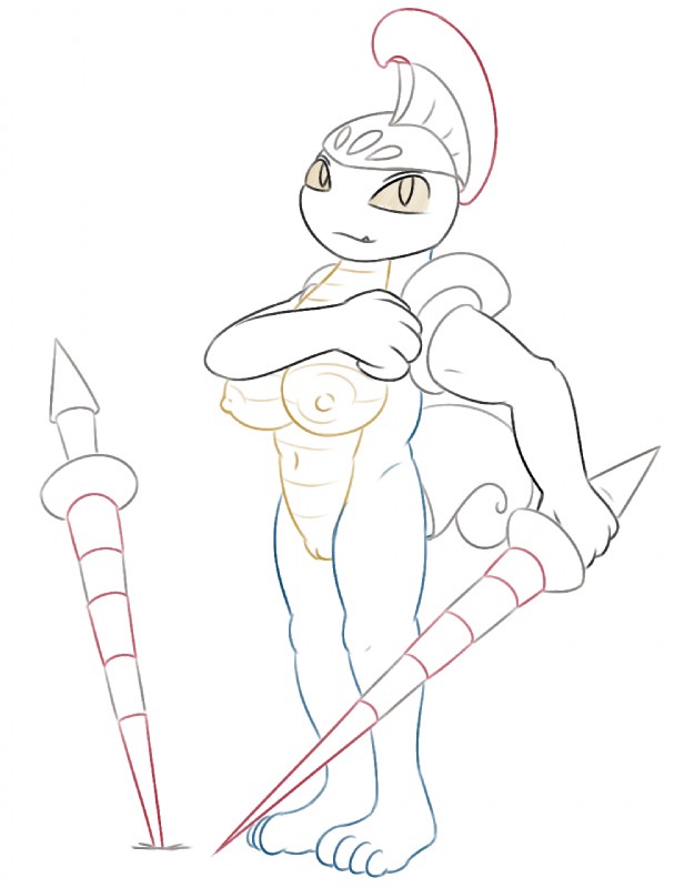 anthro anthrofied areola armor big_breasts breasts erect_nipples fangs female genitals grey_eyes headgear helmet looking_at_viewer melee_weapon navel nipples non-mammal_breasts nude polearm pussy simple_background smile solo spear teeth weapon white_background posexe nintendo pokemon arthropod escavalier generation_5_pokemon insect pokemon_(species) hi_res monochrome