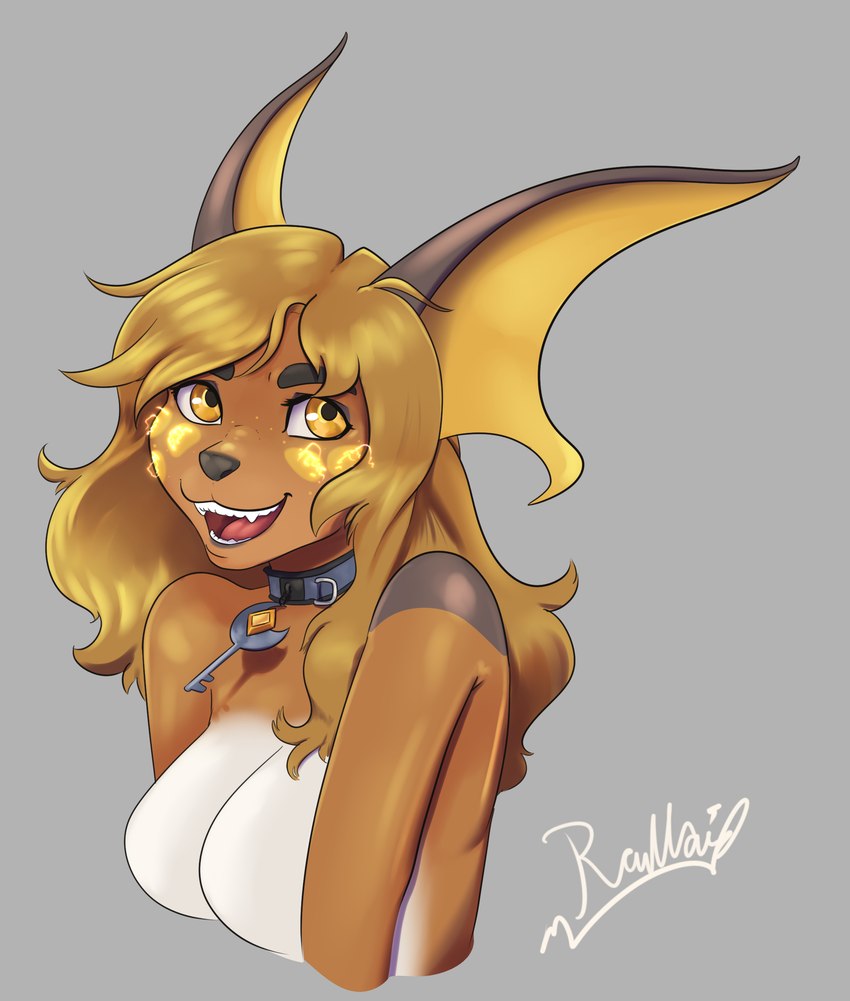 anthro blonde_hair breasts brown_body brown_fur collar collar_only featureless_breasts female fur grey_background hair looking_up nude open_mouth simple_background smile solo yellow_eyes moomaid nintendo pokemon alice_lovage generation_1_pokemon pokemon_(species) raichu 2024 absurd_res digital_media_(artwork) half-length_portrait hi_res portrait