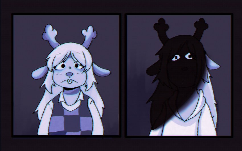 anthro antlers black_eyes blank_stare buckteeth clothed clothing creepy darkness dress duo ears_down female freckles hair horn long_hair looking_at_viewer mimicry mugshot obscured_face photo pivoted_ears scary shadow_face shirt solo sweater teeth topwear lynyellow deltarune mandela_catalogue undertale_(series) noelle_holiday alternate_(species) deer mammal new_world_deer reindeer 16:10 hi_res monochrome purple_theme widescreen