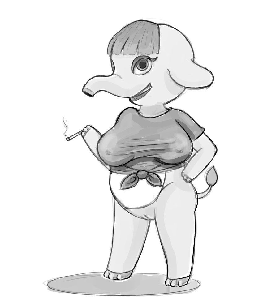 anthro bottomless cigarette clothed clothing female genitals hand_on_hip looking_at_viewer nipple_outline no_underwear pussy shirt simple_background smoking solo standing tied_shirt topwear white_background event_horizon animal_crossing nintendo opal_(animal_crossing) elephant elephantid humanoid mammal proboscidean absurd_res hi_res