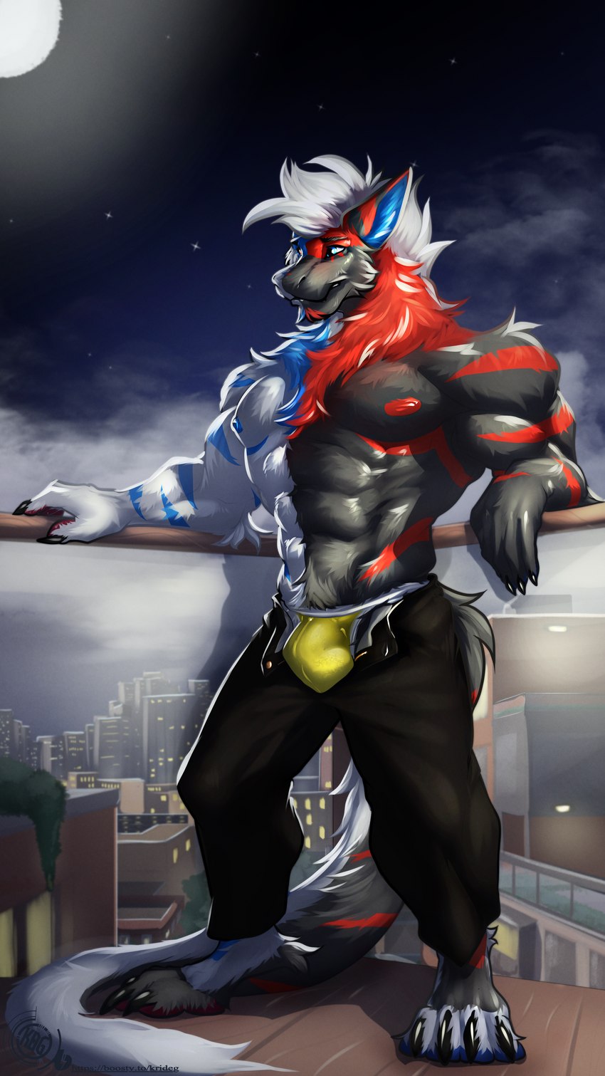 abs anthro bottomwear bulge city clothed clothing detailed_background fur male moon multicolored_body multicolored_fur muscular muscular_male night nipples outside pants sky solo standing tail topless topless_male underwear krideg mythology sebastianthedragon dragon furred_dragon furred_scalie mythological_creature mythological_scalie scalie 9:16 absurd_res hi_res