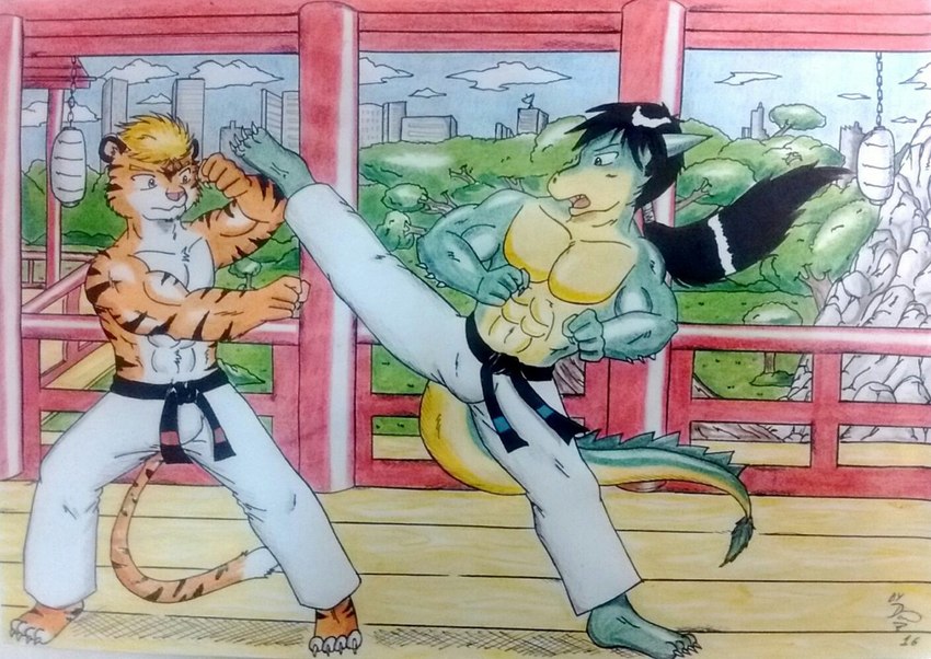 abs anthro barefoot belt black_belt black_hair blocking blonde_hair blue_eyes bottomwear bulge claws clothed clothing day detailed_background dojo dragon_tail feet fight flexible fur garden green_body hair karate karate_belt karate_outfit kick lamp lantern long_hair male markings muscular muscular_anthro muscular_male obliques one_leg_up open_mouth orange_body orange_fur pants paper_lantern pecs pink_nose purple_eyes raised_leg scales shirtless shirtless_anthro shirtless_male splits spread_legs spreading striped_body striped_fur striped_markings striped_tail stripes tail tail_markings tied_hair tiger_tail toe_claws topless topless_anthro topless_male training white_bottomwear white_clothing white_pants dashthefox mythology dragon felid mammal mythological_creature mythological_scalie pantherine scalie tiger 2016 detailed traditional_media_(artwork)