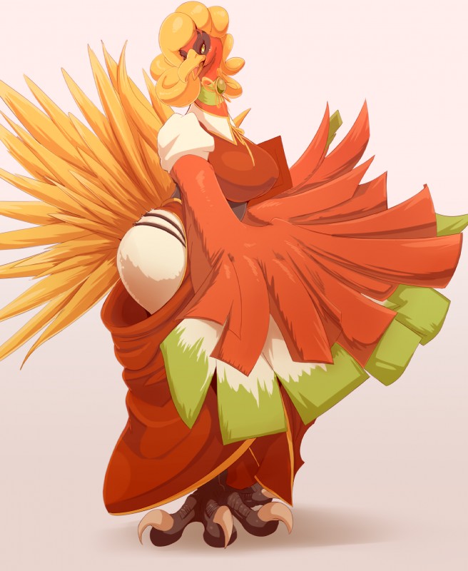 anthro anthrofied avian_feet beak big_breasts breasts butt claws clothing cosplay female looking_at_viewer non-mammal_breasts pokemorph scales simple_background solo thick_thighs hurikata arc_system_works blazblue mythology nintendo pokemon litchi_faye_ling luiante_faellan avian bird generation_2_pokemon ho-oh legendary_pokemon mythological_avian mythological_bird mythological_creature mythological_firebird pokemon_(species) 2018 digital_media_(artwork) hi_res