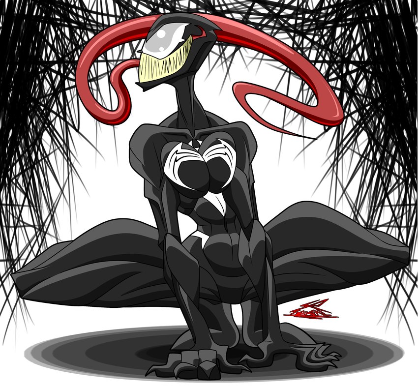 breasts crouching emblem empty_eyes featureless_crotch female long_tongue not_furry sharp_teeth smile solo teeth tongue tongue_out therizkpiecraft marvel she-venom venom_(marvel) alien alien_humanoid humanoid symbiote absurd_res hi_res