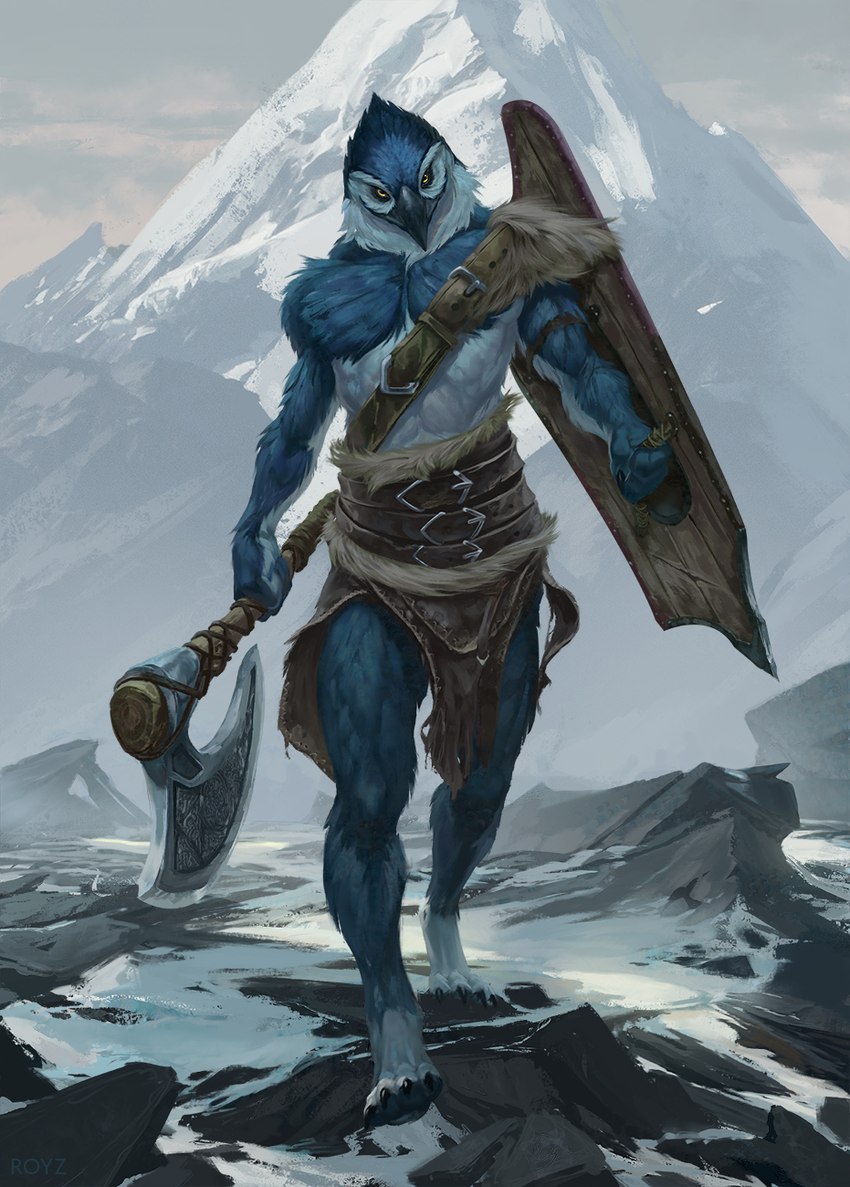 4_toes anthro axe battle_axe bearded_axe belt bottomwear clothed clothing digitigrade fantasy feet loincloth looking_at_viewer male mountain muscular outside partially_clothed shield smile snow solo toes warrior winter wood wood_shield conditional_dnp latex_(artist) avian bird hi_res