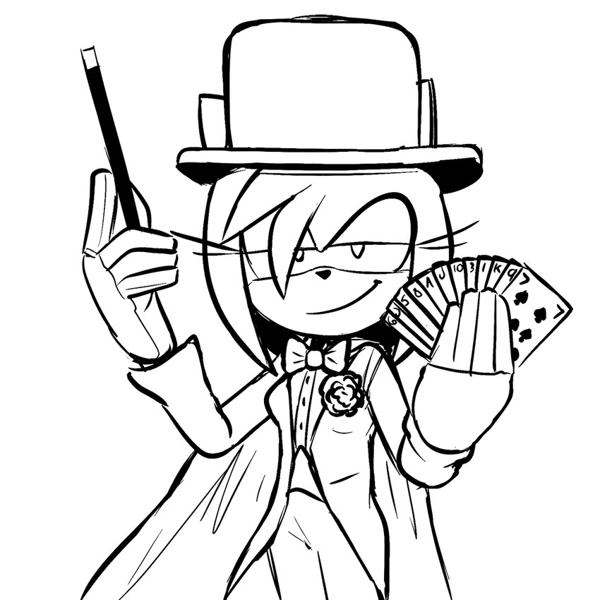 anthro black_tie_(suit) bow_tie cape card_deck clothing female gloves handwear hat headgear headwear holding_wand looking_at_viewer magician smile solo suit top_hat wand lettuce_(artist) sega sonic_the_hedgehog_(series) amy_rose eulipotyphlan hedgehog mammal 1:1 2025 black_and_white monochrome