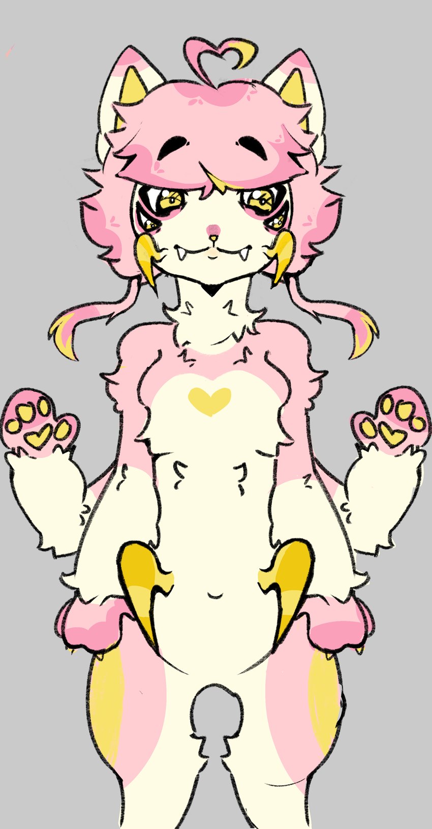 4_arms 4_eyes digitigrade eye_bags fangs female fluffy fur hair heart_(marking) heart_hair heart_symbol markings multi_arm multi_eye multi_limb pedipalps pink_body pink_fur pink_hair simple_background solo teeth yellow_eyes kittencrumb string_(kittencrumb) arachnid arthropod domestic_cat felid feline felis hybrid mammal spider absurd_res hi_res