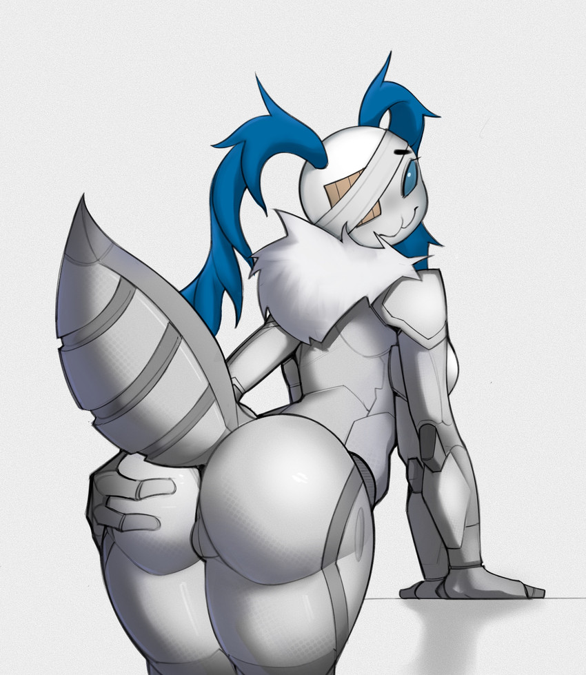 3_fingers 4_arms antennae_(anatomy) anthro arthropod_abdomen blue_eyes bodysuit breasts butt clothing eye_patch eyewear female fingers hand_on_butt mandibles missing_eye multi_arm multi_limb neck_tuft raised_abdomen rear_view simple_background skinsuit solo standing tight_clothing tuft white_body spl4ts eris_voltia-softcoat arthropod insect lepidopteran moth hi_res portrait shaded three-quarter_portrait