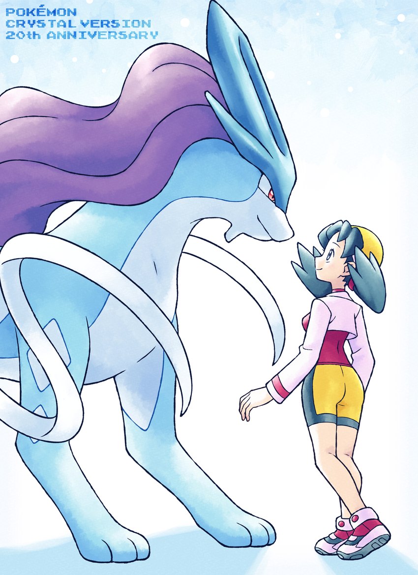 blue_body bottomwear clothing duo eye_contact female feral hat headgear headwear looking_at_another shorts simple_background size_difference smile standing on_ice_(artist) nintendo pokemon kris_(pokemon) generation_2_pokemon human legendary_pokemon mammal pokemon_(species) suicune 2020 absurd_res digital_drawing_(artwork) digital_media_(artwork) hi_res