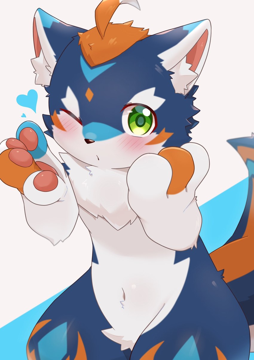 anthro belly_tuft black_nose blowing_kiss blue_body blue_fur blue_markings blue_tail blush blush_lines countershading crotch_tuft featureless_crotch fur green_eyes hair hand_on_face heart_symbol kemono male markings multicolored_body multicolored_tail navel navel_tuft one_eye_closed orange_body orange_fur orange_hair orange_markings orange_tail pouting raised_tail solo tail triangle_nose tuft white_body white_countershading white_fur young young_anthro young_male iryu_km production_taiikukan lion_(fw_rion) ambiguous_species mammal 2023 digital_media_(artwork) hi_res