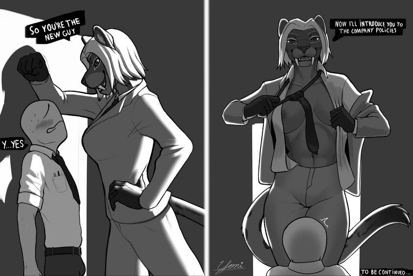 against_surface against_wall anthro assertive assertive_anthro assertive_female bald breasts bulge clothed clothing dark_body dark_fur dialogue dominant dominant_female duo exposed_breasts fangs female fur hair human_on_anthro imminent_sex interspecies job_interview kabedon larger_anthro larger_female looking_at_another male male/female navel necktie nipples short_hair simple_background size_difference smaller_human smaller_male speech_bubble suit teeth to_be_continued undressing white_hair yonivi vespera_(yonivi) felid human humanoid mammal prehistoric_species saber-toothed_tiger comic hi_res