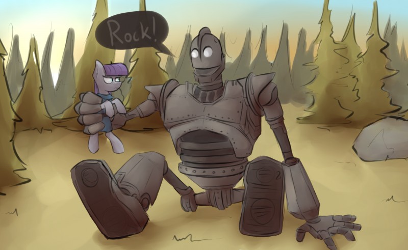 detailed_background dialogue duo female feral forest machine outside plant rock text tree marsminer friendship_is_magic hasbro my_little_pony the_iron_giant maud_pie_(mlp) the_iron_giant_(character) earth_pony equid equine horse mammal pony robot 2015 digital_media_(artwork) english_text hi_res