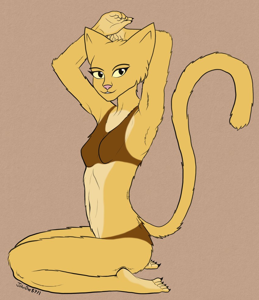 anthro bra breasts clothing countershading eyebrows female female_anthro fur hands_behind_head kneeling looking_at_viewer navel painted_underwear plantigrade side_view simple_background small_breasts smile solo tail underwear yellow_body yellow_fur johndoe8771 bethesda_game_studios microsoft prequel_adventure the_elder_scrolls katia_managan felid feline khajiit mammal colored digital_drawing_(artwork) digital_media_(artwork) hi_res