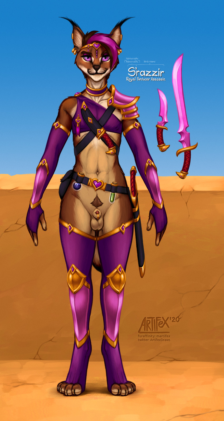 4_toes 5_fingers abs amethyst_(gem) animal_genitalia anthro armor armwear assassin balls belt belt_pouch boots bottomless brown_body brown_fur brown_hair brown_nose brown_pubes casual_exposure choker circlet clothed clothing crossdressing dagger detailed_background detailed_navel ear_piercing ear_ring ear_tuft elbow_gloves eyeshadow feet femboy fingerless_gloves fingers footwear front_view fur furgonomics furry-specific_piercing gem genital_piercing genitals glistening glistening_armor glistening_gem glistening_jewelry gloves gold_(metal) gold_armor gold_choker gold_jewelry gold_necklace greaves grin hair handwear headgear ineffective_clothing jewelry leather leather_strap legwear looking_at_viewer makeup male medal melee_weapon midriff multicolored_armor multicolored_body multicolored_choker multicolored_fur multicolored_jewelry multicolored_necklace navel necklace outside pauldron penis penis_tip piercing pink_clothing pubes purple_armor purple_choker purple_clothing purple_eyes purple_eyeshadow purple_jewelry purple_legwear purple_necklace purple_shirt purple_tank_top purple_thigh_boots purple_thigh_highs purple_topwear red_penis ring_piercing sash sheath sheath_piercing sheathed_weapon shirt shoes sky slim smile smirk smug soft_abs solo standing stockings straps sword tan_balls tan_body tan_fur tank_top text thick_thighs thigh_boots thigh_highs toes topwear tuft two_tone_armor two_tone_choker two_tone_jewelry two_tone_necklace unconvincing_armor vambrace weapon weapon_sheath yellow_choker yellow_jewelry yellow_necklace m_artifex s'razzir_(m_artifex) caracal caracal_(genus) felid feline mammal absurd_res digital_media_(artwork) english_text full-length_portrait hi_res model_sheet portrait shaded soft_shading