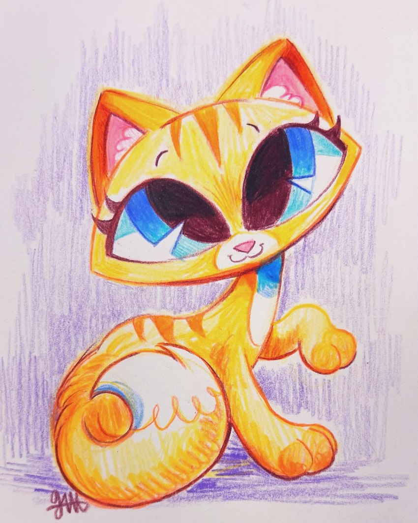 :3 ambiguous_gender blue_eyes eyelashes feral fur paws solo striped_body striped_fur stripes tail toony yellow_body yellow_fur 555bunnies hasbro littlest_pet_shop lps_2034 domestic_cat felid feline felis mammal tabby_cat hi_res traditional_media_(artwork)