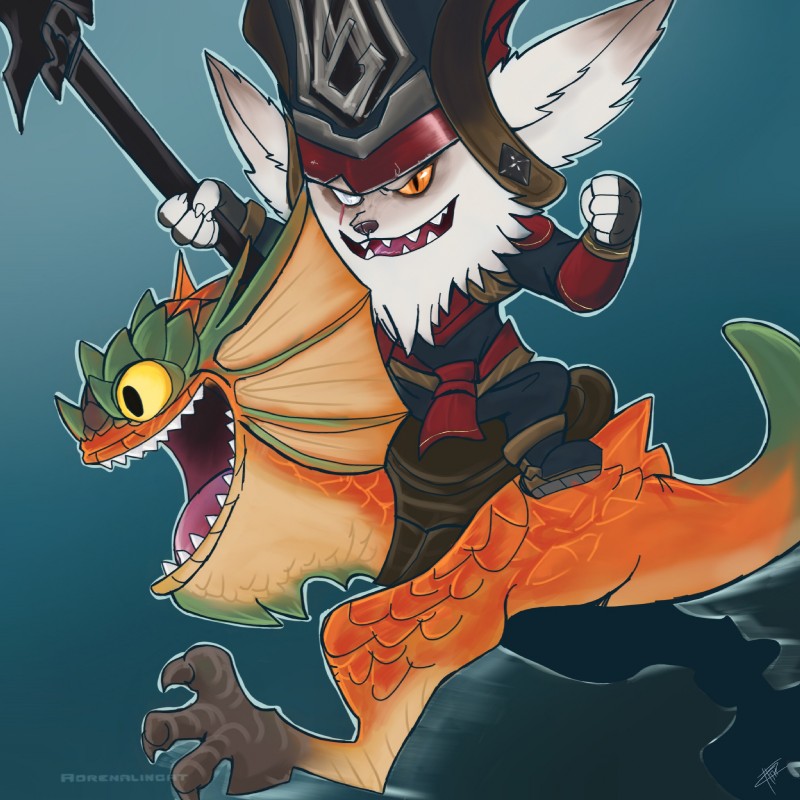 3_toes blind_eye blue_background boots clothing costume duo feet female feral fist footwear fur happy hat headgear headwear male open_mouth raised_weapon running scales shoes simple_background teeth toes toony brutalhero league_of_legends riot_games tencent kled_(lol) skaarl_(lol) reptile scalie yordle 1:1 hi_res